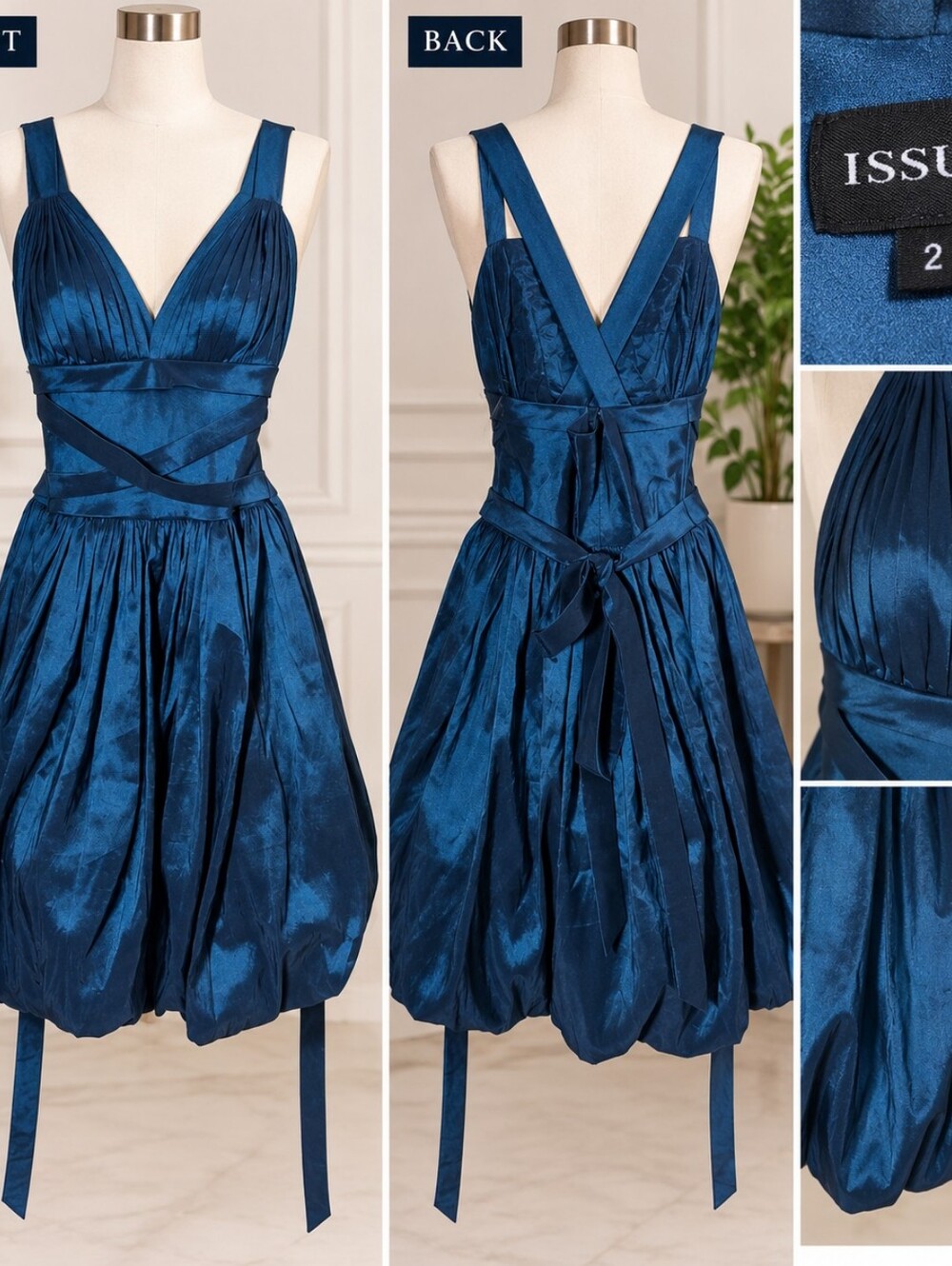 Navy Satin V-Neck Pleated Midi Dress with Bubble Hem